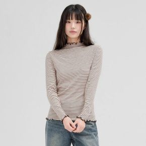 여성 스트라이프 프릴 반넥 티셔츠 FFZG5151C0P_P440285405