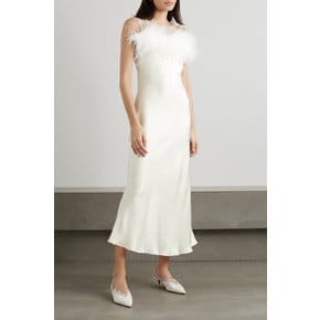 + Net Sustain Boheme Feather-trimmed Ecovero-satin Midi Dress 화이트