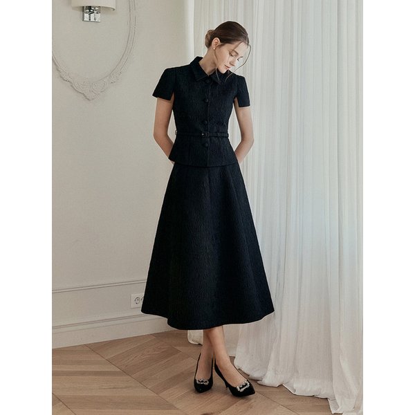 [SET] Camille Jacquard Belted Jacket + Flare Skirt  [Black]
