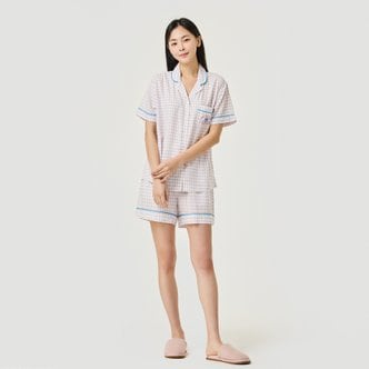 JAJU 여 레이온 핀체크 3부 파자마 세트(IVORY / NAVY / PINK)