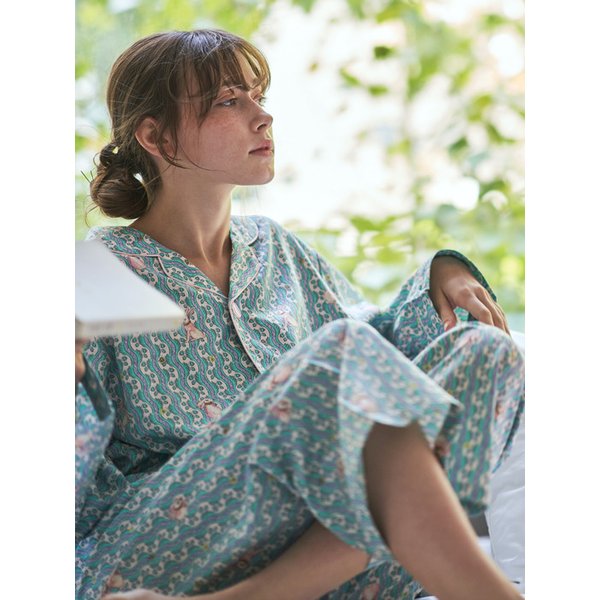 텐셀 모달 원더랜드 래빗 패턴 긴팔 세트 여성 커플 잠옷