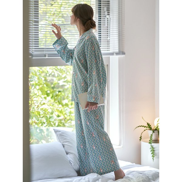 텐셀 모달 원더랜드 래빗 패턴 긴팔 세트 여성 커플 잠옷