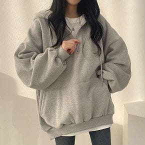 여성 그레이 반집업 후드티
