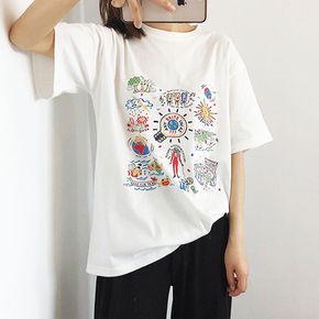 여성 여름 프린팅 라운드 루즈핏 반팔 흰 티 셔츠