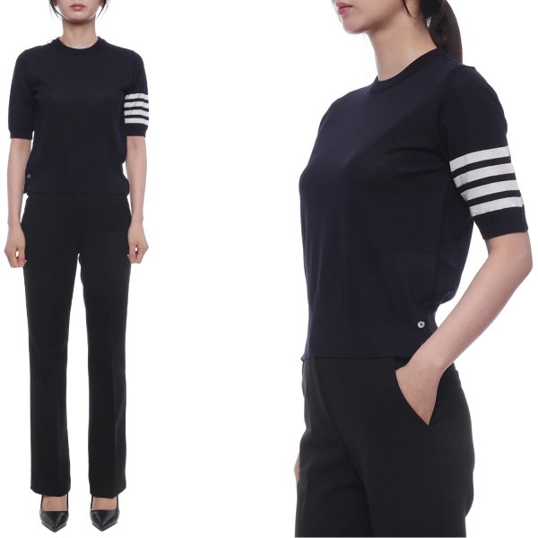 [부산점] 26SS 여성 사선 스트라이프 울 반팔니트 (FKA471B Y1014 415 26S)