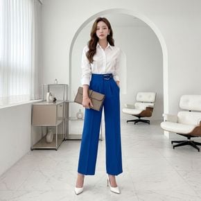 / 여름 와이드 사이드 실버 가죽 비죠 핀턱 바지