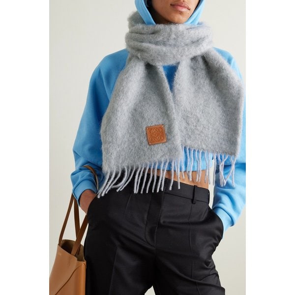 가죽 트리밍 프린지 모헤어 혼방 스카프 그레이 24062987016756643