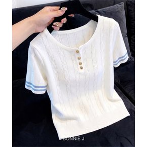 프렌치 클래식 무드 꽈배기 니트 반팔 티셔츠 소매 투라인 배색 헨리넥 4버튼 포인트 슬림핏