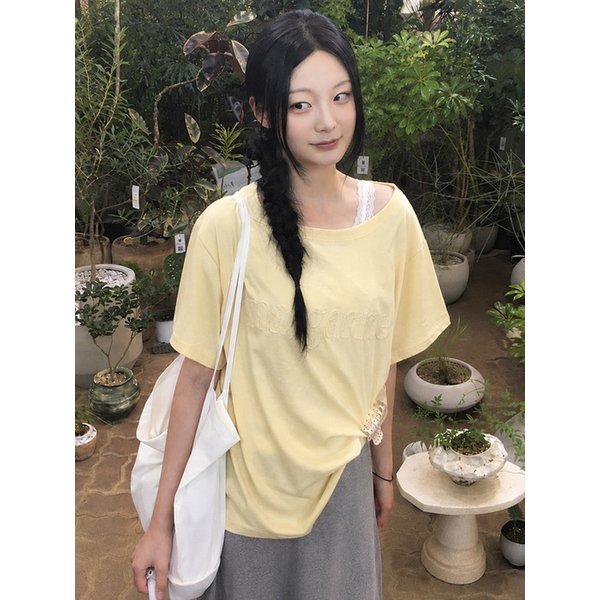 Margarine One-Shoulder Applique Logo Short Sleeve Lemon