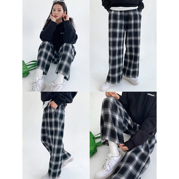 [S, M] 무아 체크 와이드밴딩 팬츠