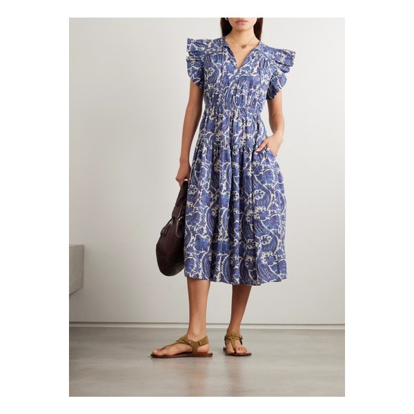 카이리 러플 티어드 플로럴 프린트 코튼 혼방 미디 드레스 블루 46376663162870518