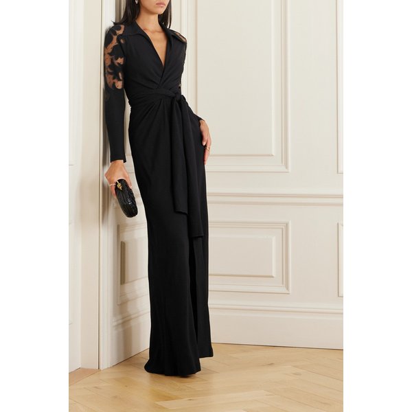 벨트 크레이프 스위스 도트 튤 맥시 랩 드레스 블랙 1647597308663096