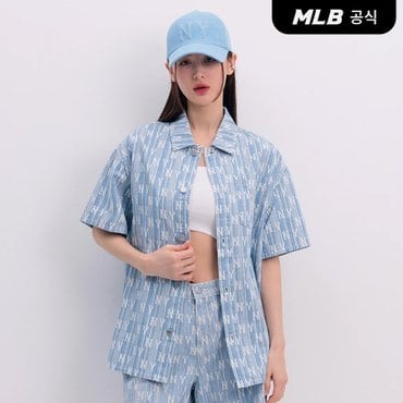 MLB [코리아공식]클래식 모노그램 전판패턴 스트라이프 반팔 데님셔츠 NY (L.Blue)