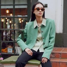 Round Neck Tweed Jacket in Green VW2AJ096-32