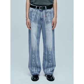 navajo pattern cut off denim pants light blue