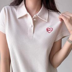 여자 하트 자수 카라넥 캡소매 베이직핏 여름 티셔츠