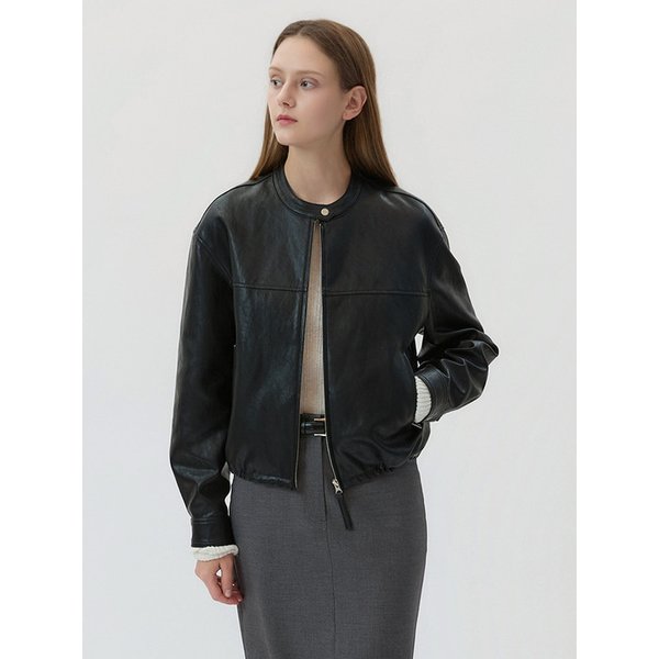 Stand Neck Leather Blouson Jacket Black AT5JUF046BK