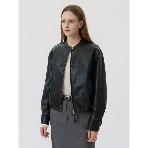 Stand Neck Leather Blouson Jacket Black AT5JUF046BK
