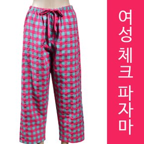 허리리본 주머니포켓으로 활동이 편한 체크무늬 여성 9부 파자마0125uk
