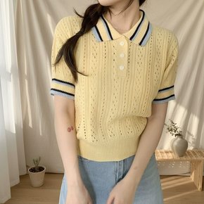 여성 배색 카라넥 펀칭 스카시 반팔 니트티