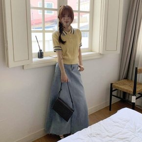 여성 배색 카라넥 펀칭 스카시 반팔 니트티