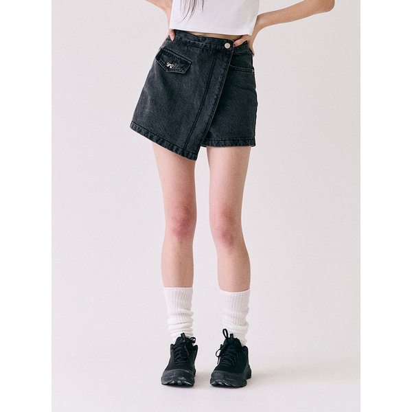 Wrap Denim Skirt Pants Washed Black