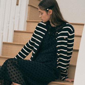 로라로라 STRIPE BUTTON CARDIGAN BK+IV