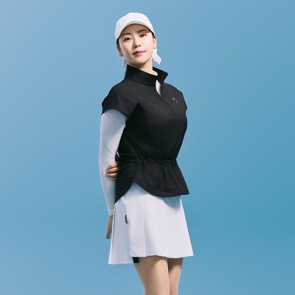 [부산점] 여성 드롭숄더 스트레치 반집업 스트링 베스트 블랙