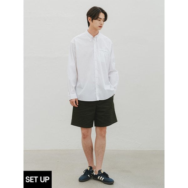 포켓 버튼 페이퍼 셔츠 스트레치 치노 쇼츠 셋업 (화이트/블랙)