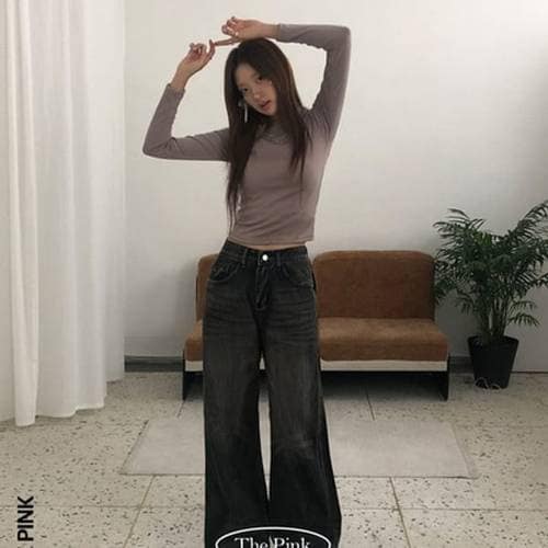 더핑크 / 랄틴 하이웨스트 빈티지 워싱 와이드 데님 팬츠