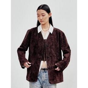 Collarless Goat Suede Jacket (Chocolate Brown)