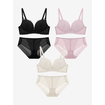 원더브라 [지수PICK]로맨틱 레이스 노와이어 브라팬티 6종(브라3+팬티3)