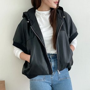 여자 가오리핏 페이크레더 후드집업 스트링 가을 조끼