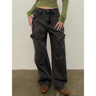 트위 젤인 카고 포켓 빈티지 와이드 데님 팬츠
