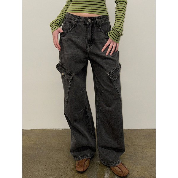젤인 카고 포켓 빈티지 와이드 데님 팬츠