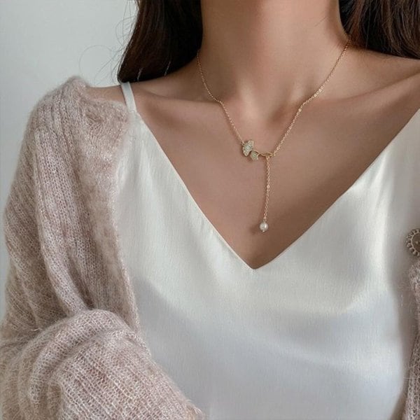 [옷자락] 여자 진주테일 얇은체인줄 잔큐빅 은행나무 목걸이