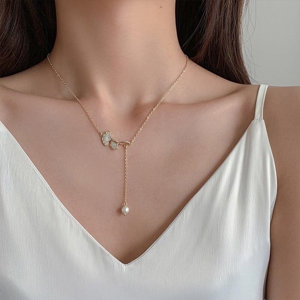 [옷자락] 여자 진주테일 얇은체인줄 잔큐빅 은행나무 목걸이