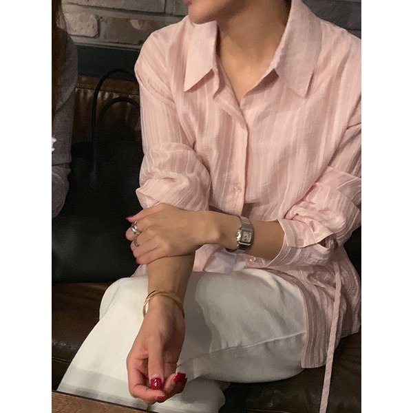 시어 벨티드 롱 셔츠블라우스_LIGHT PINK