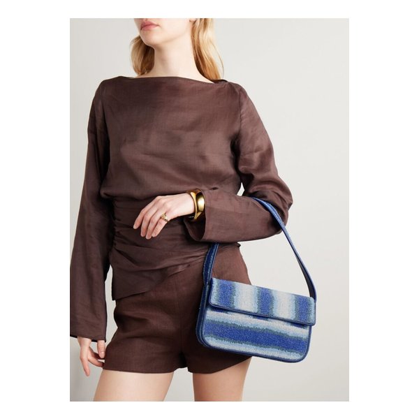 스타우드 토미 비즈 장식 자수 새틴 숄더 백 블루 1647597357747031