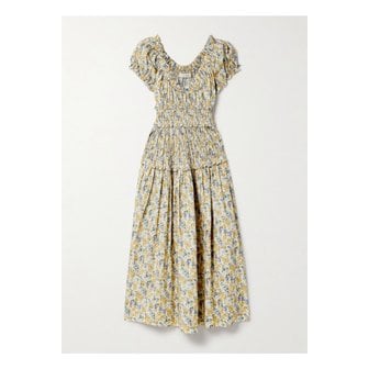 D&Ocirc;EN 도엔 린 셔링 플로럴 프린트 코튼 보일 미디 드레스 파스텔 옐로 1647597353900862