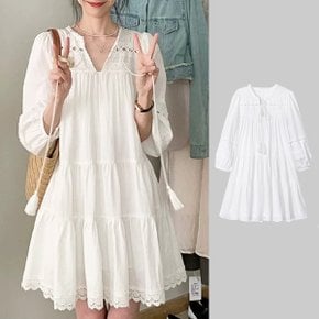 스코프 펀칭 레이스 루즈핏 미니 여름 벌룬 원피스