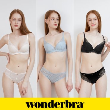 WONDERBRA 소프트 레이스 노와이어 브라팬티 6종세트 아이보리+블랙+블루 WBW4N242526_T