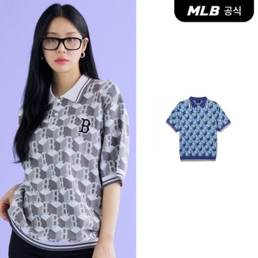 MLB [코리아공식]큐브 모노그램 전판패턴 니트 반팔 카라티 (2Color)