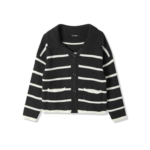 여성 스트라이프 빅칼라 카디건 (BLACK) (HY9GD64)