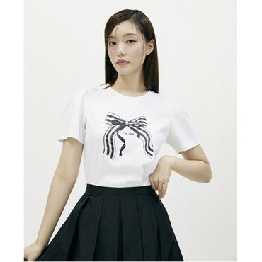 플라스틱아일랜드 [C]리본모티브 프린트 티셔츠 (PR2CH365)