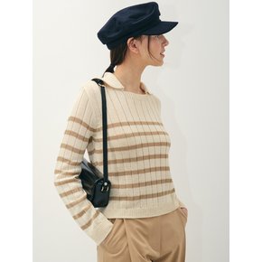 collar striped knit top_beige