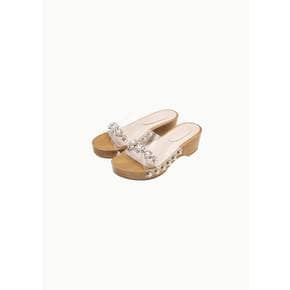 시몬로샤 26SS Scalloped Wooden Clog W/ Emb, Clear / Pearl