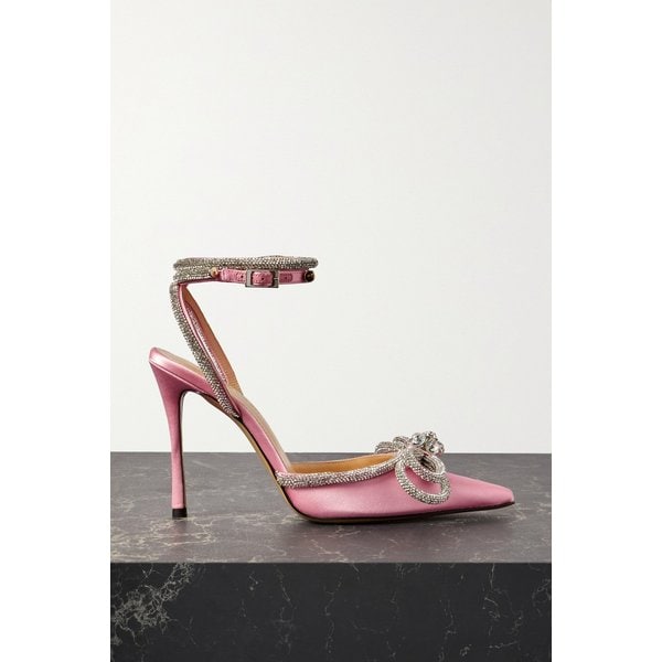 더블 보우 크리스털 장식 실크 새틴 포인트 토 펌프스 핑크 18706561955887456