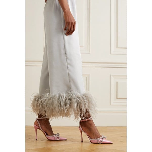 더블 보우 크리스털 장식 실크 새틴 포인트 토 펌프스 핑크 18706561955887456