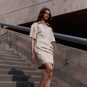 KRISTINE Coated Cotton Draped Shirt Dress_Ivory